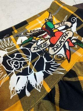 Ed Hardy Yellow and Black Plaid Mini Skirt with Embroidered Tattoo Graphic